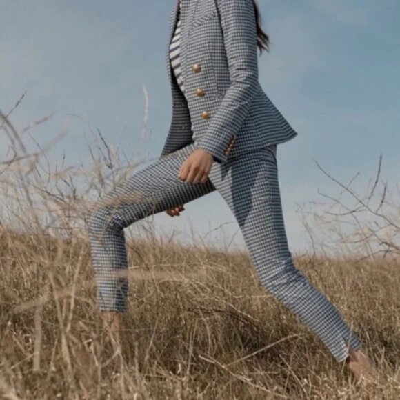 VERONICA BEARD Pants Womens 2 Blue White Gingham Check Stretch Slim Academia - Picture 1 of 14